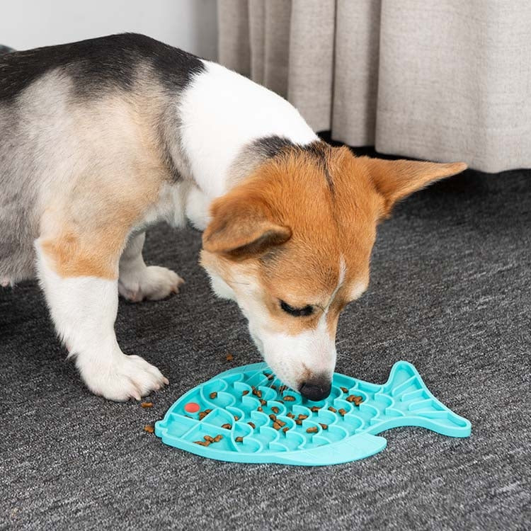 Blue silicone slow food mat for pets with fish-shaped anti-choke bowl sections