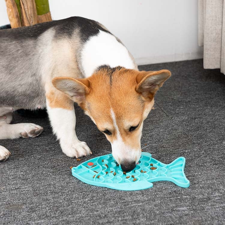 Blue silicone slow food mat with fish-shaped anti-choke sections for cats and dogs