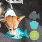 Blue silicone slow food mat with fish and flower feeder pieces, anti-choke design