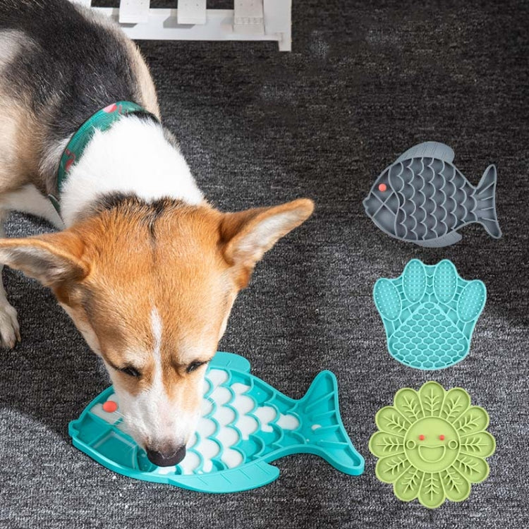 Blue silicone slow food mat with fish and flower feeder pieces, anti-choke design