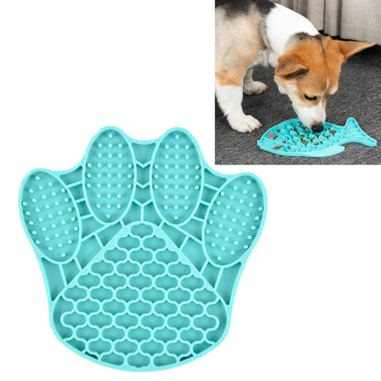 Teal silicone paw-print slow food mat with raised ridges and textured dot pads