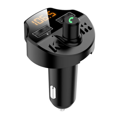 Car Bluetooth FM transmitter with LED display and green call button, cigarette lighter plug