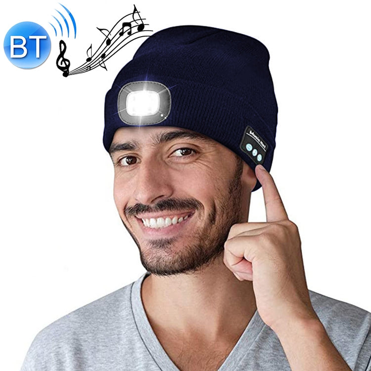 LED knit beanie in navy with front light and music buttons