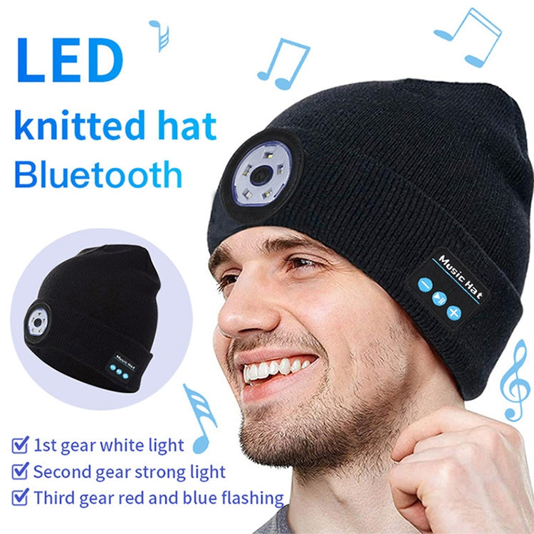 LED knit beanie in dark grey with round light on cuff