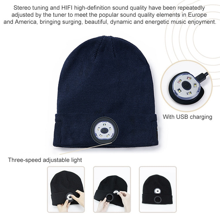 LED knit beanie in navy blue with round front light