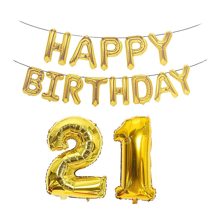 Gold Happy Birthday foil balloon banner with number 21 balloons set