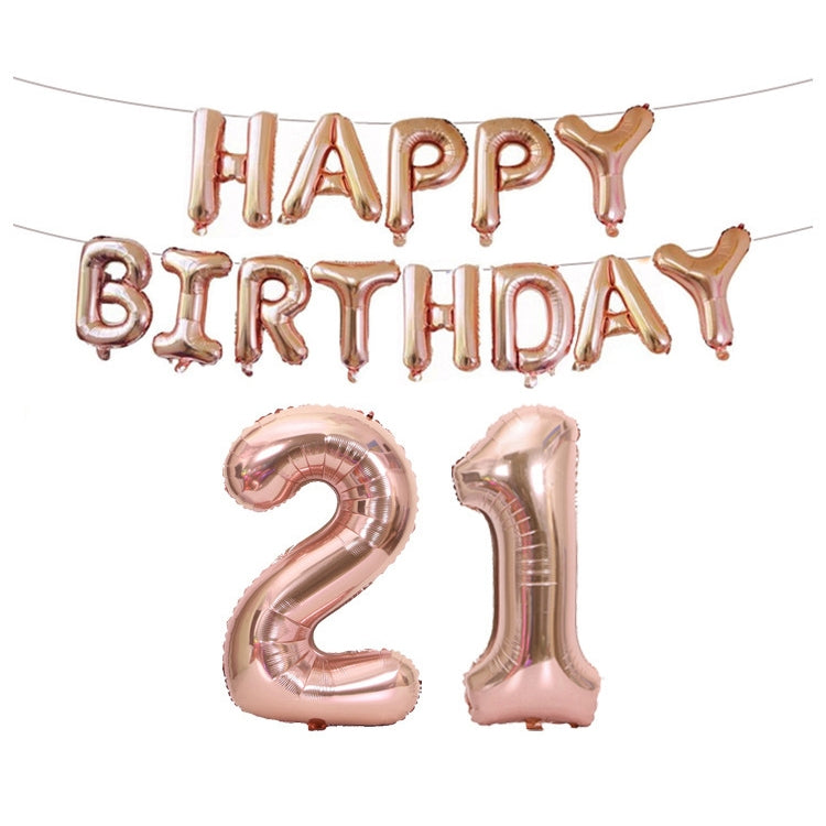 Rose gold Happy Birthday foil balloon banner with number 21 balloons set