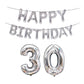 Silver Happy Birthday foil balloon banner with number 30 balloons set