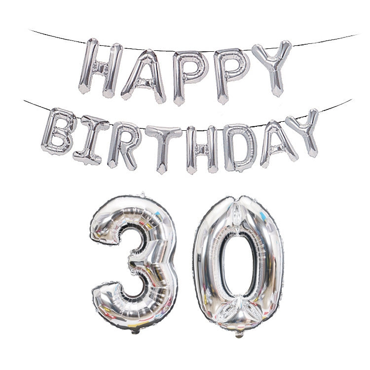 Silver Happy Birthday foil balloon banner with number 30 balloons set