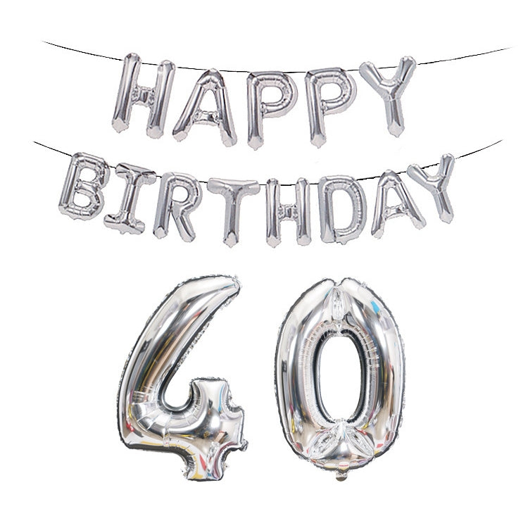 Silver foil number balloons 4 and 0 with 'Happy Birthday' banner