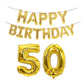 Gold foil number balloons 5 and 0 with 'Happy Birthday' banner