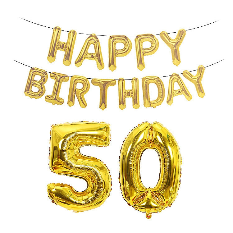 Gold foil number balloons 5 and 0 with 'Happy Birthday' banner