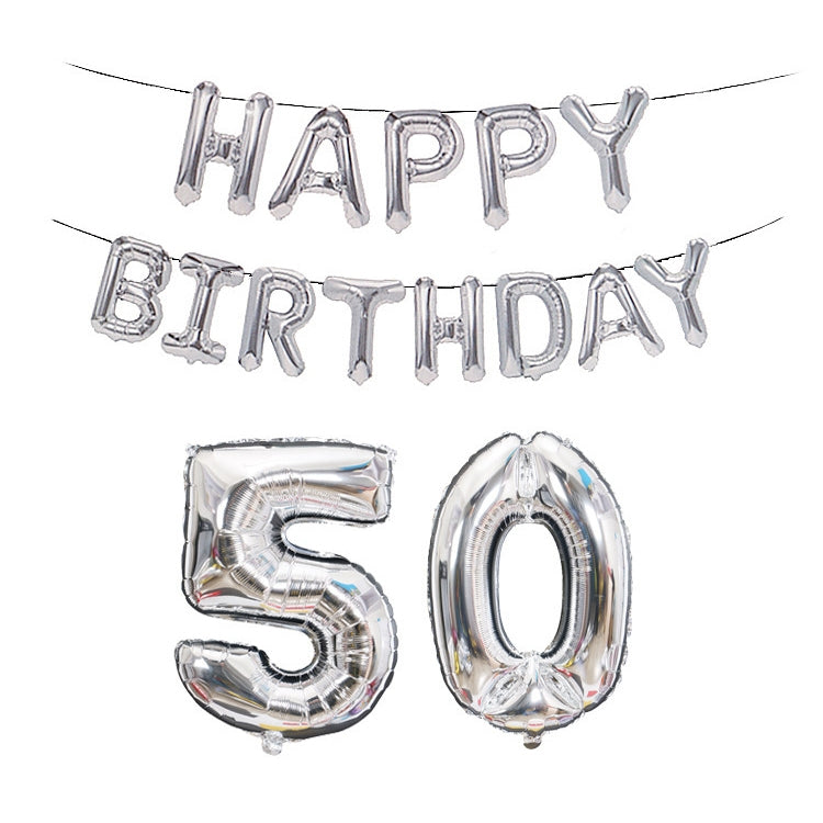 Silver foil number balloons 5 and 0 with 'Happy Birthday' banner