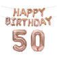 Rose gold foil number balloons 5 and 0 with 'Happy Birthday' banner