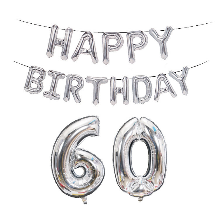 Silver foil number balloons 6 and 0 with 'Happy Birthday' banner