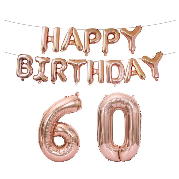 Rose gold foil number balloons 6 and 0 with 'Happy Birthday' banner