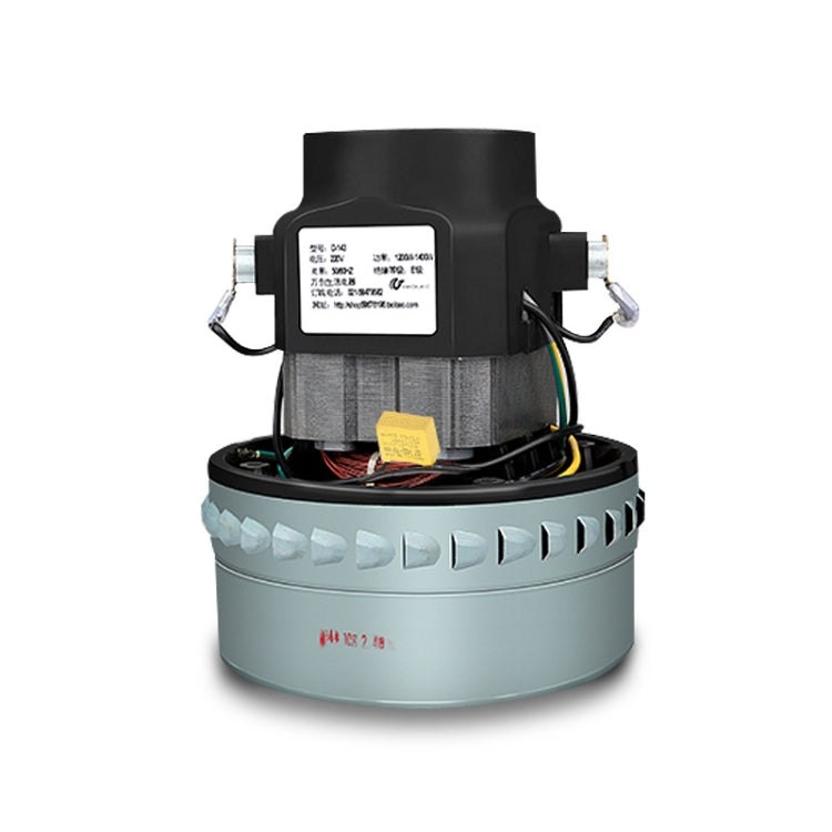 Vacuum cleaner motor assembly with black top, gray base, and wiring connections