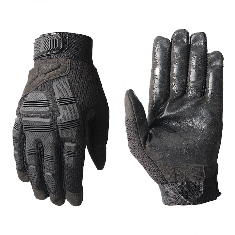 Motorcycle gloves pair in black, protective knuckle design with textured palm surface