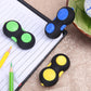 Blue and green stress relief hand pad toy plus yellow version with round buttons.