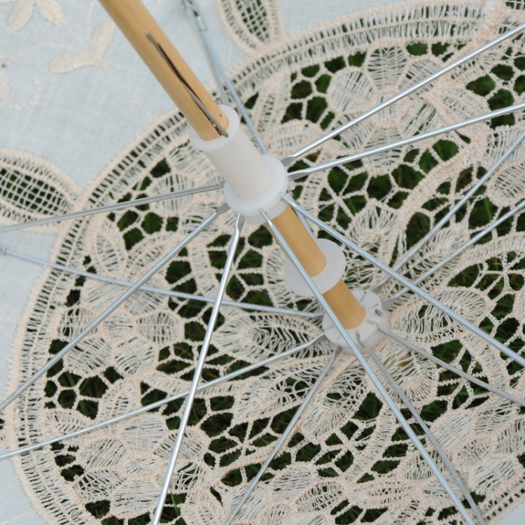 Close-up of lace umbrella spokes and canopy fabric with floral embroidery