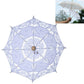 Lace bridal umbrella with pale blue fabric panels and circular floral motif center