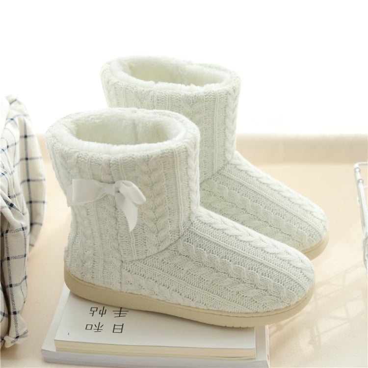 White knit winter home boots slippers with bow and thick non-slip sole