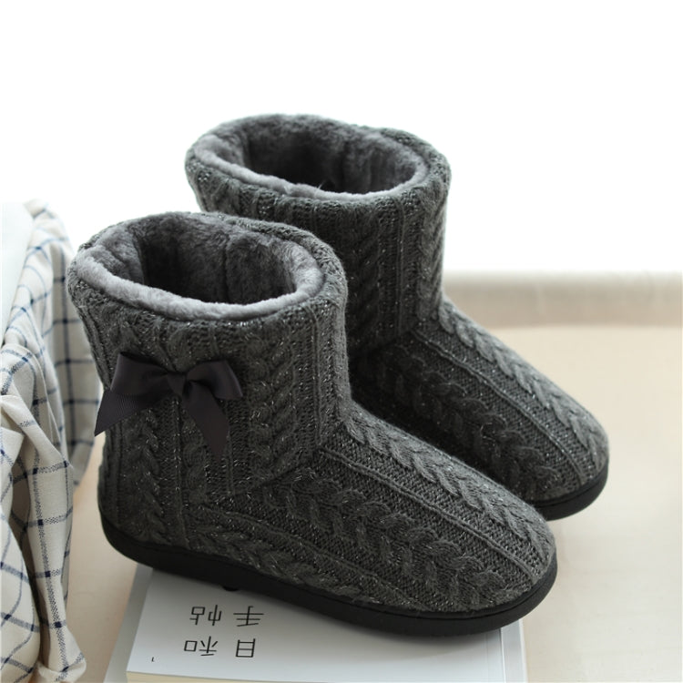 Gray knit home boot slippers with bow, padded cuff, and thick non-slip sole