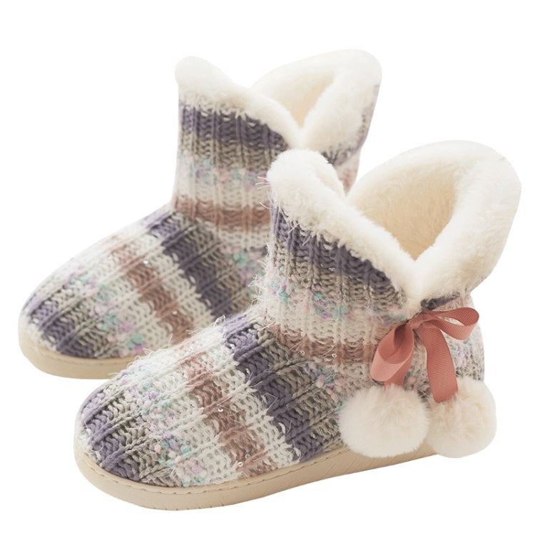 Cozy multicolor knit slippers with fluffy sherpa lining, pink bow detail, thick sole