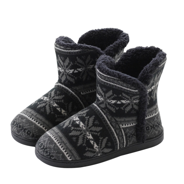 Winter knit home boots in dark gray with white fair isle pattern and plush cuff lining
