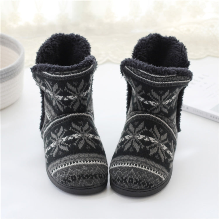 Pair of winter knit home boots in dark gray with white fair isle pattern and plush lining