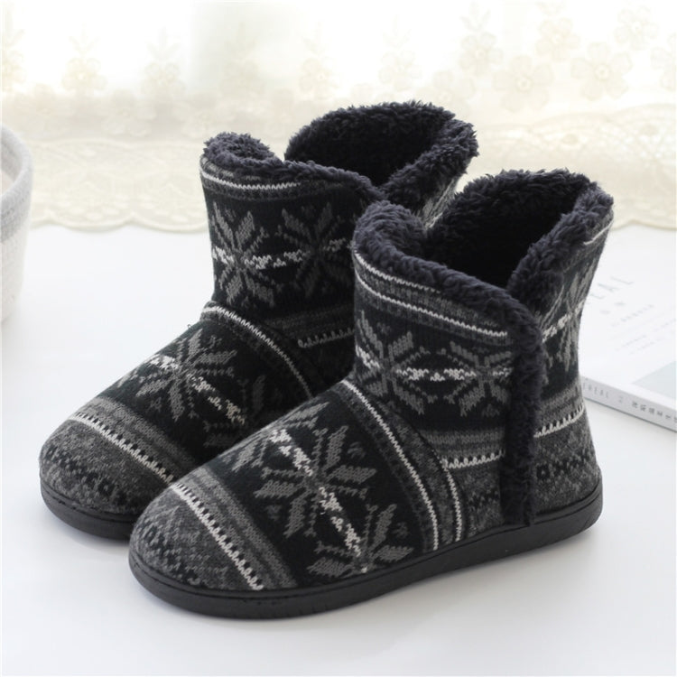 Winter knit slipper boots with dark gray knit upper, white patterned band, and plush lining