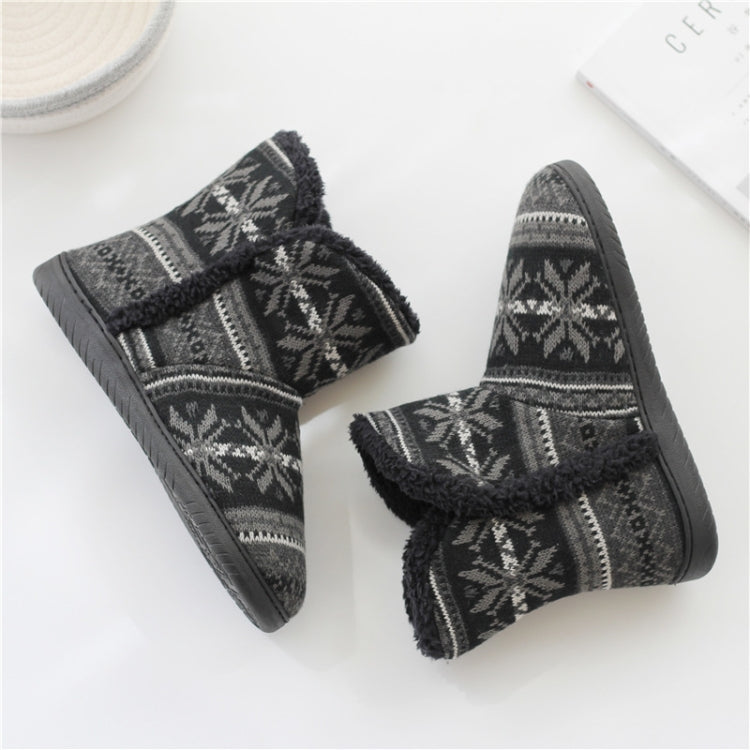 Winter knit home boots shown from top with white fair isle pattern and plush open cuff