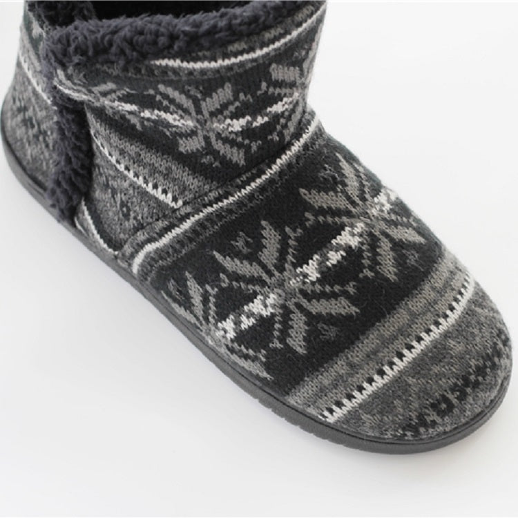 Close-up of dark gray knit slipper boot with white snowflake fair isle pattern and stitched trim