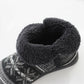 Close-up of dark gray boot opening with plush lining and white patterned knit trim, thick sole