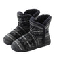Winter knit home boots with thick black sole, white geometric pattern, and soft plush interior