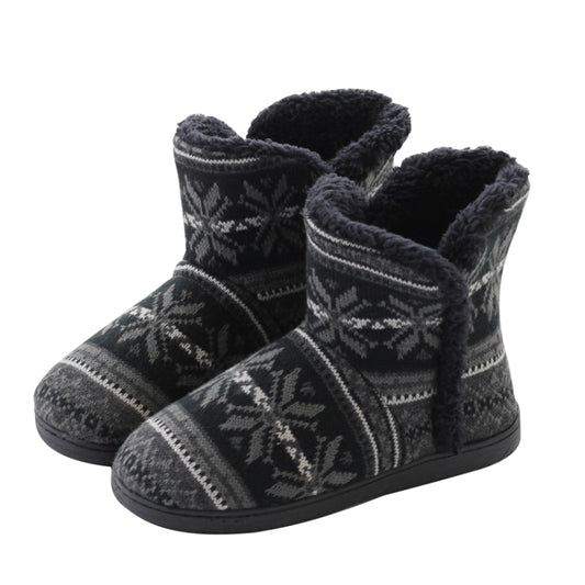 Winter knit slipper boots in dark gray with white snowflake fair isle print and plush lining