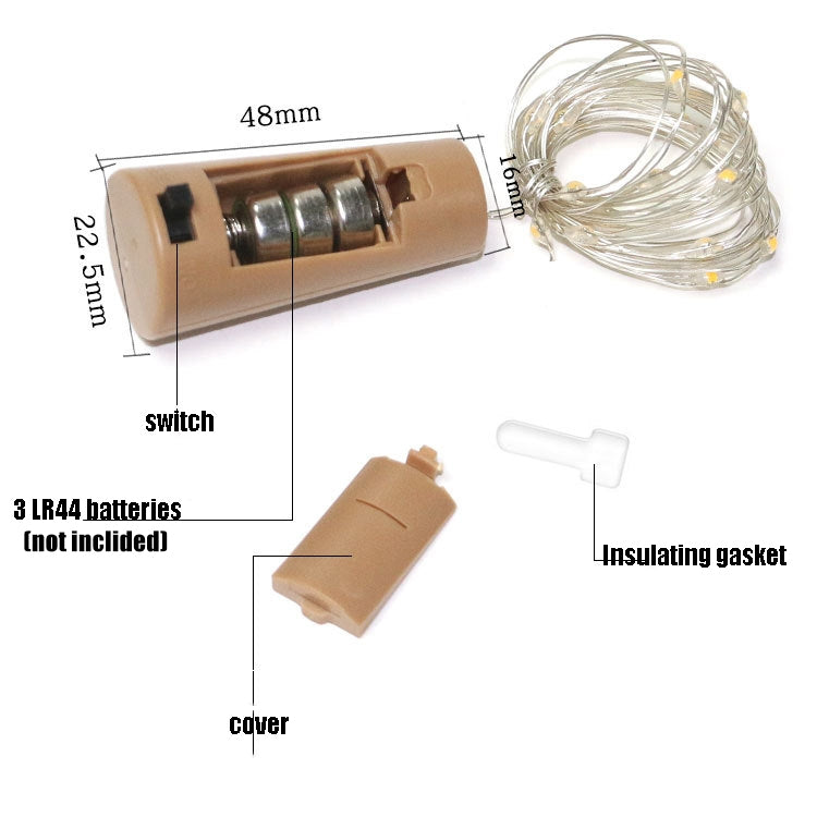 Brown LED wine bottle cork module with small switch and attached clear wire light set