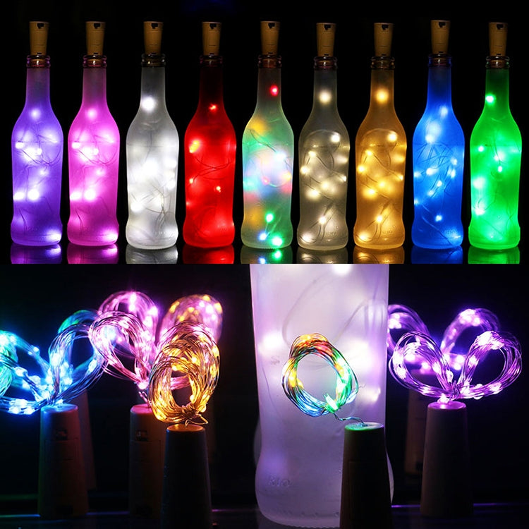 Set of LED wine bottle cork lights with glowing bottle colors and clear wire loops