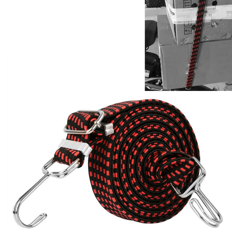 Red elastic luggage tie-down strap, rolled coiled rope with metal end hooks