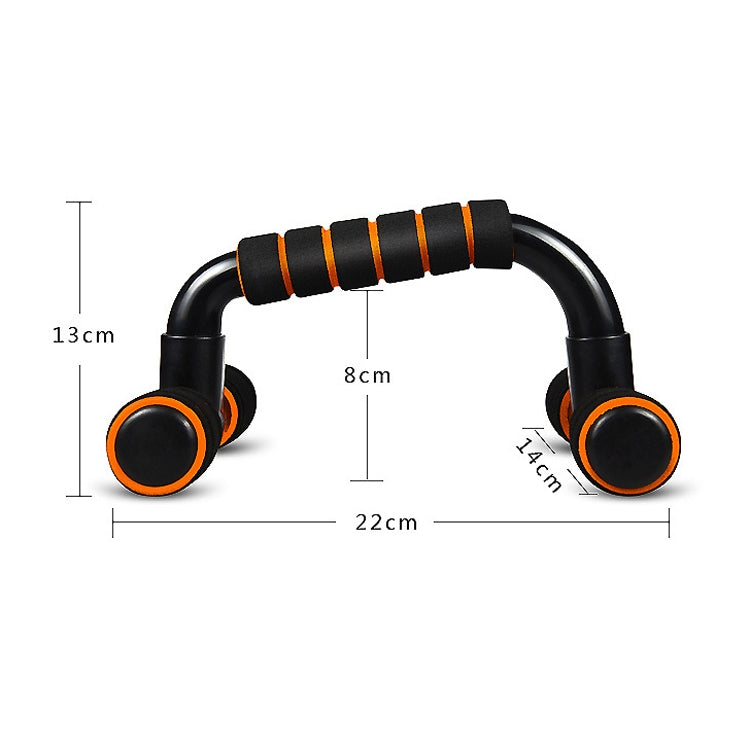 H-shaped push-up bracket with size diagram, black frame and orange grips