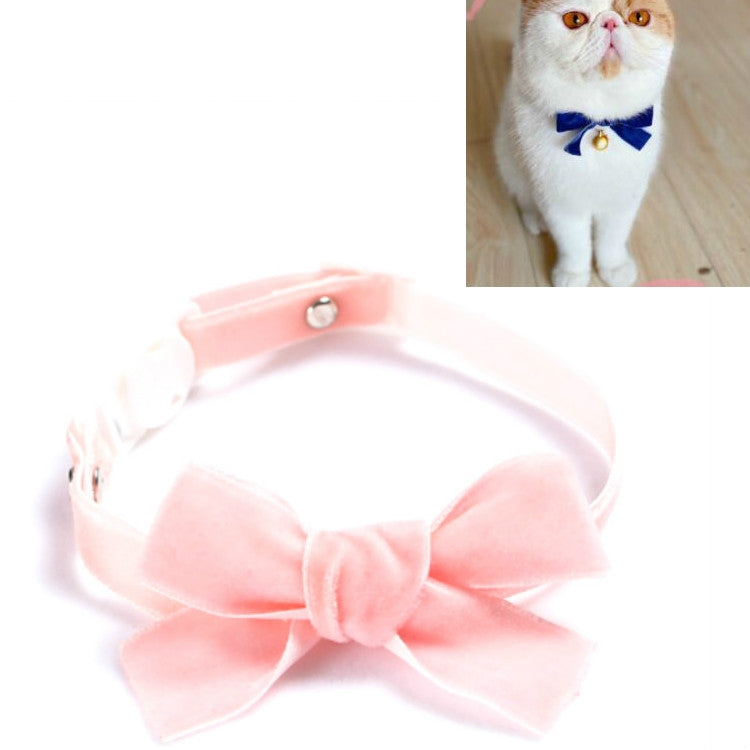 Velvet pet collar with light pink bowknot and adjustable strap, no bell.