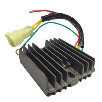 Motorcycle rectifier with black finned heatsink and wired electrical connector harness