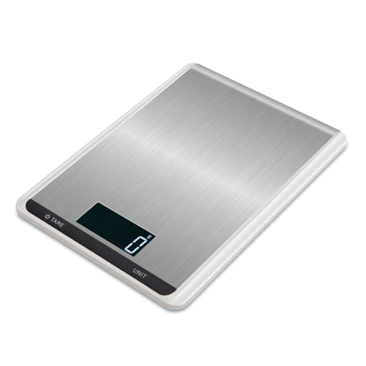 Digital kitchen scale with brushed stainless platform and dark LCD display with tare icon