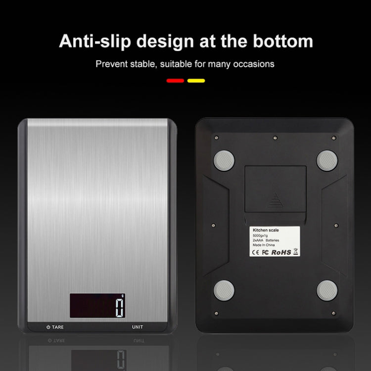 Stainless steel kitchen digital scale with black display panel and anti-slip base