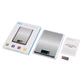 Digital kitchen scale set with stainless platform, retail box, and instruction papers