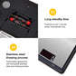 Digital kitchen scale back panel showing battery compartment and stainless housing