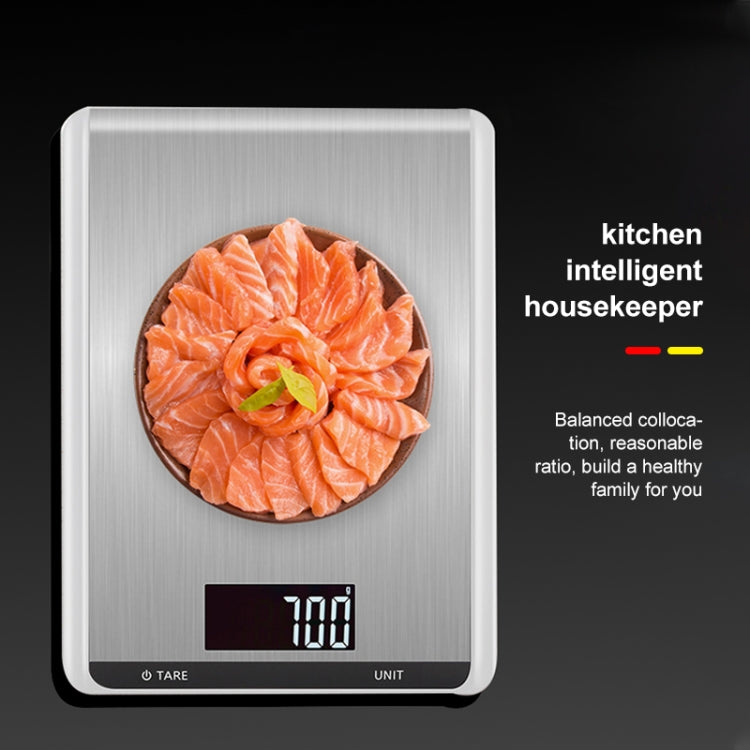 Digital kitchen scale with salmon pieces on a plate and LCD reading shown