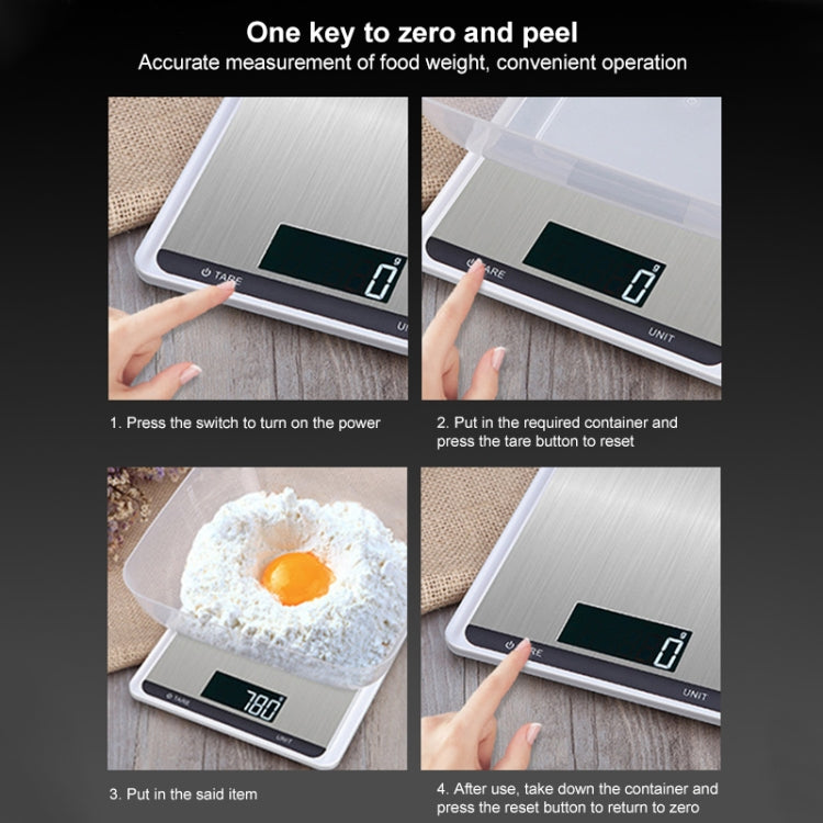 Digital kitchen scale with transparent container and hand pressing tare for zero
