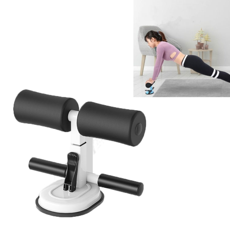 Abdominal crunch assist device, black padded rollers on white base stand