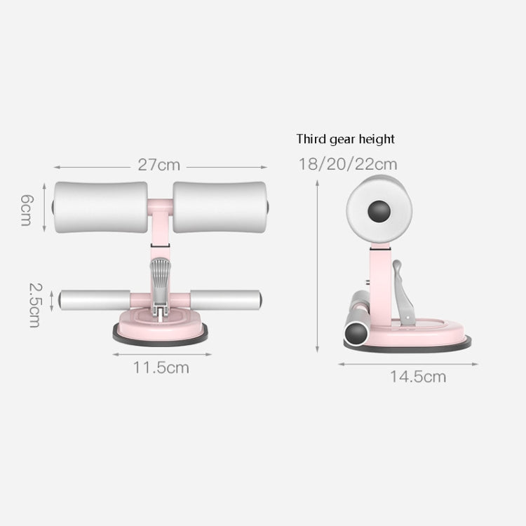 Abdominal crunch assist device size diagram with white foam rollers and pink base